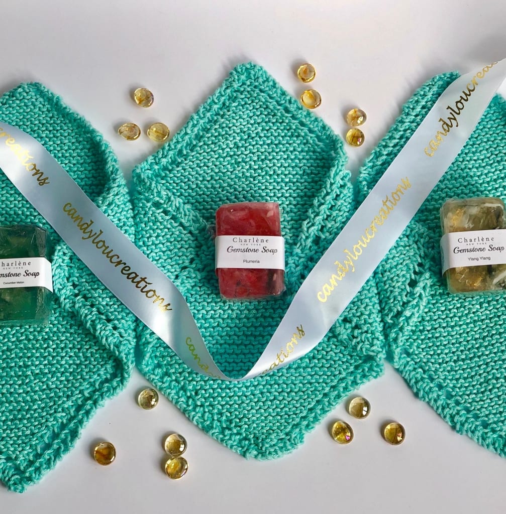 knitted washcloths with soap and ribbon
