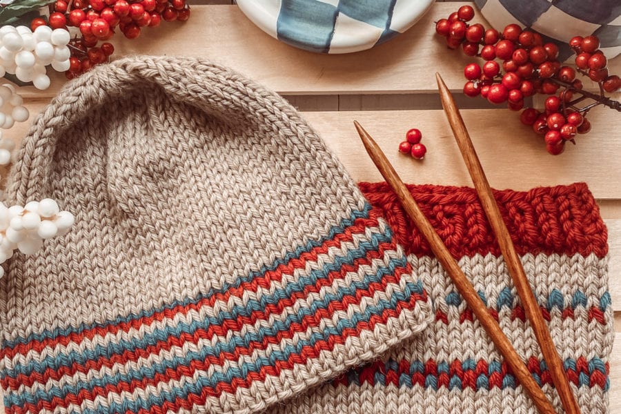 red white and tan beanie and cowl set