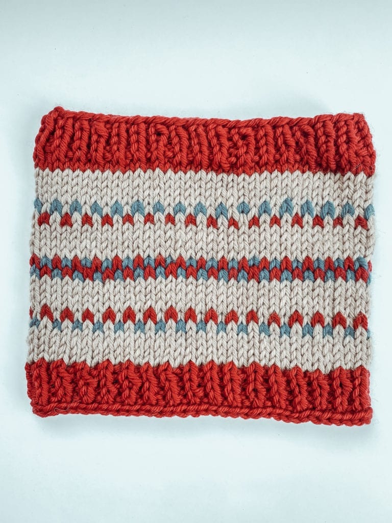 knit striped tan, red and blue cowl