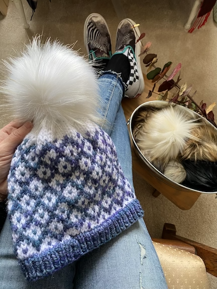 fair isle blue beanie with pompom