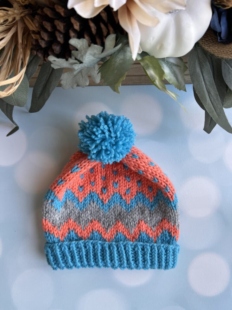 handknit fair isle hat with pompom