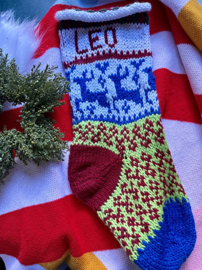 Christmas stocking with reindeer handknit