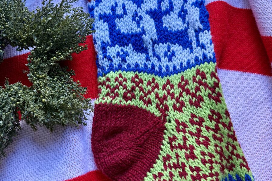Christmas stocking with reindeer handknit