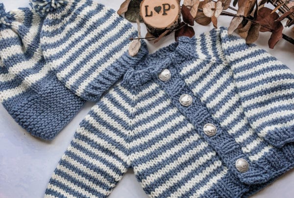 blue and white striped sweater with matching hats