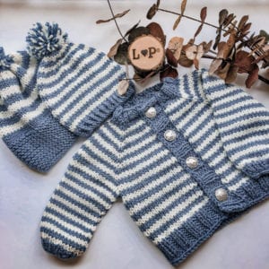 blue and white striped sweater with 2 blue and white striped newborn cap and toddler hat
