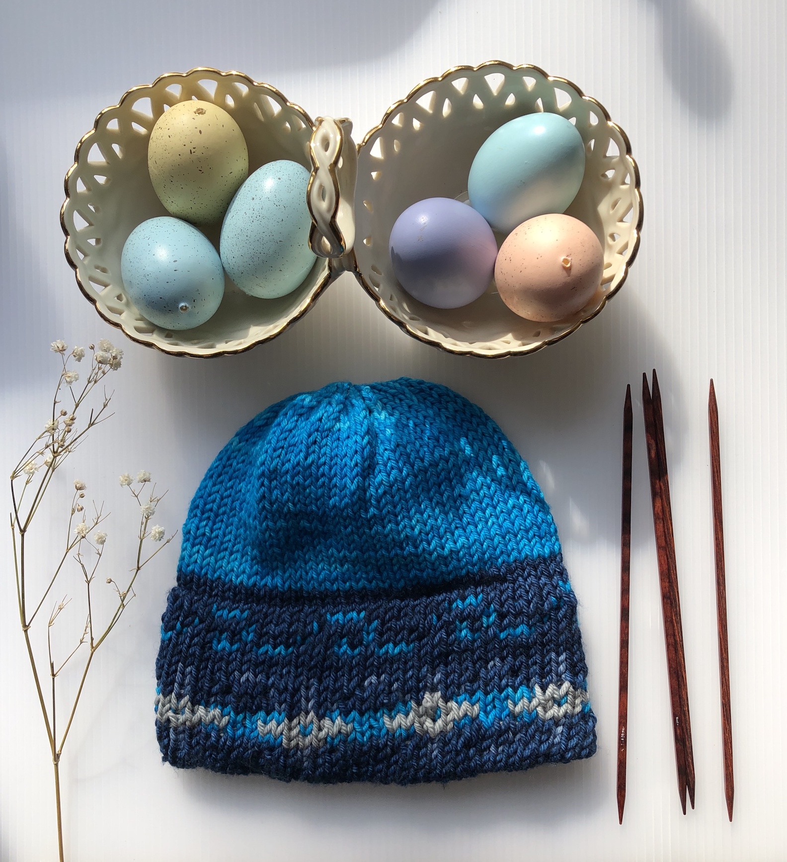 double brim beanie with easter eggs