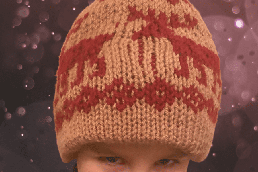 boy wearing tan and red moose hat