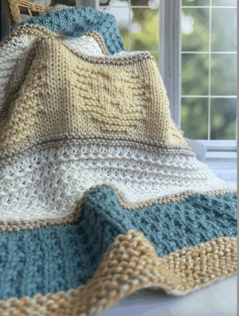 handknit baby blanket with lions