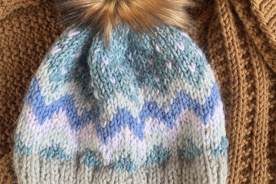 fair isle aqua hat with pompom