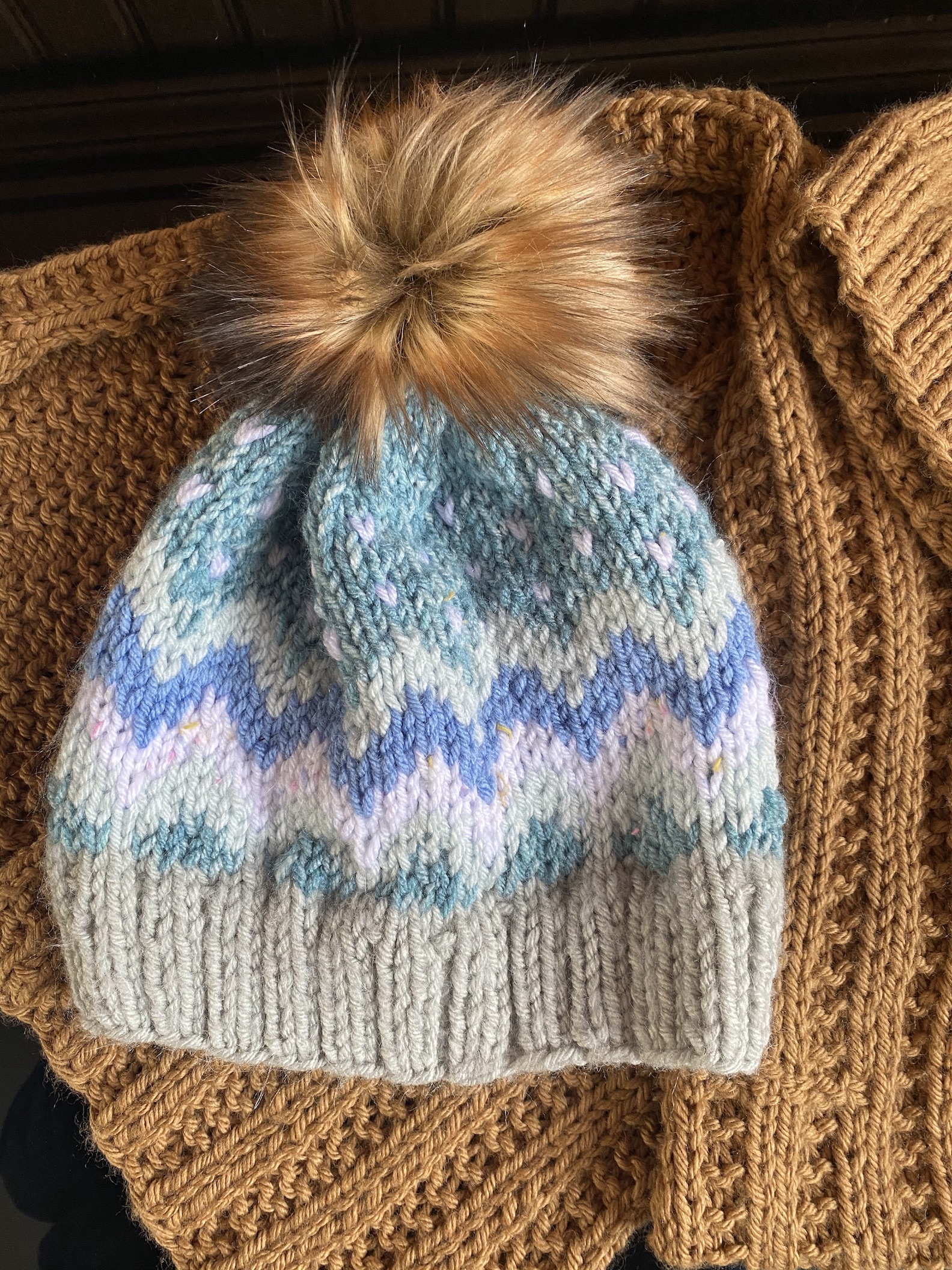 fair isle aqua hat with pompom