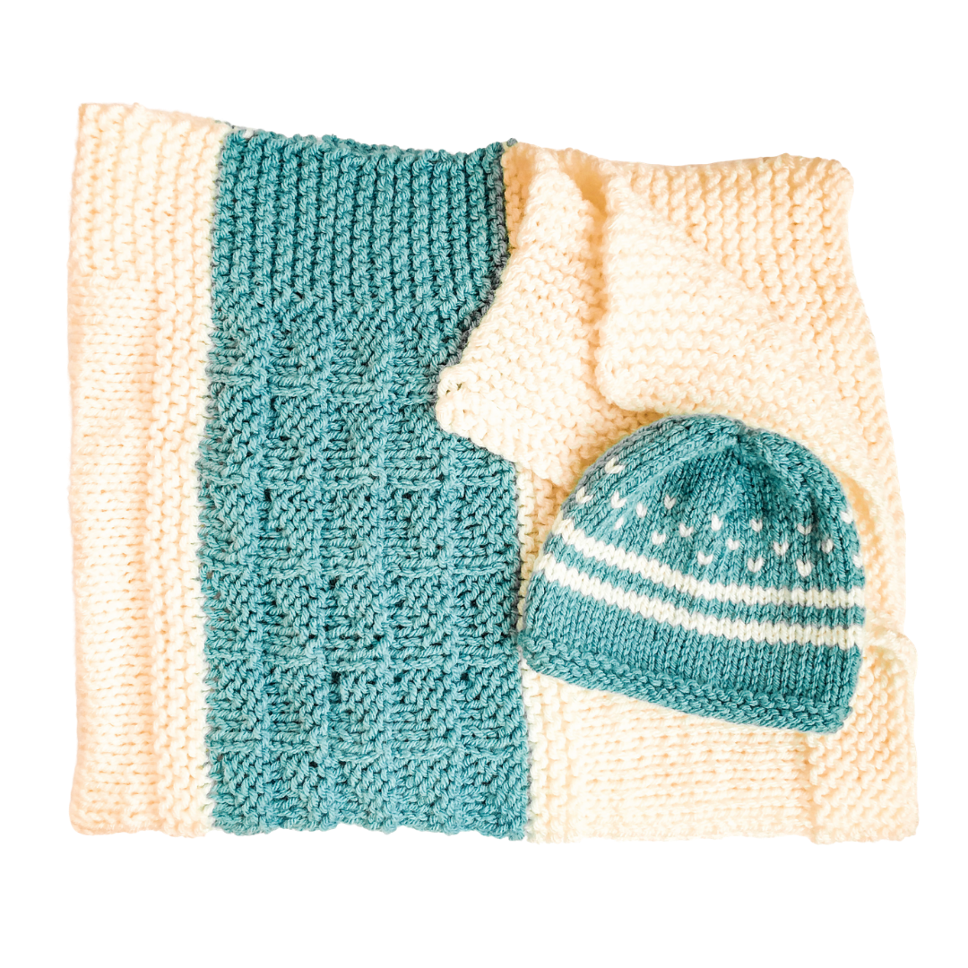 baby blanket and baby hat aqua and cream