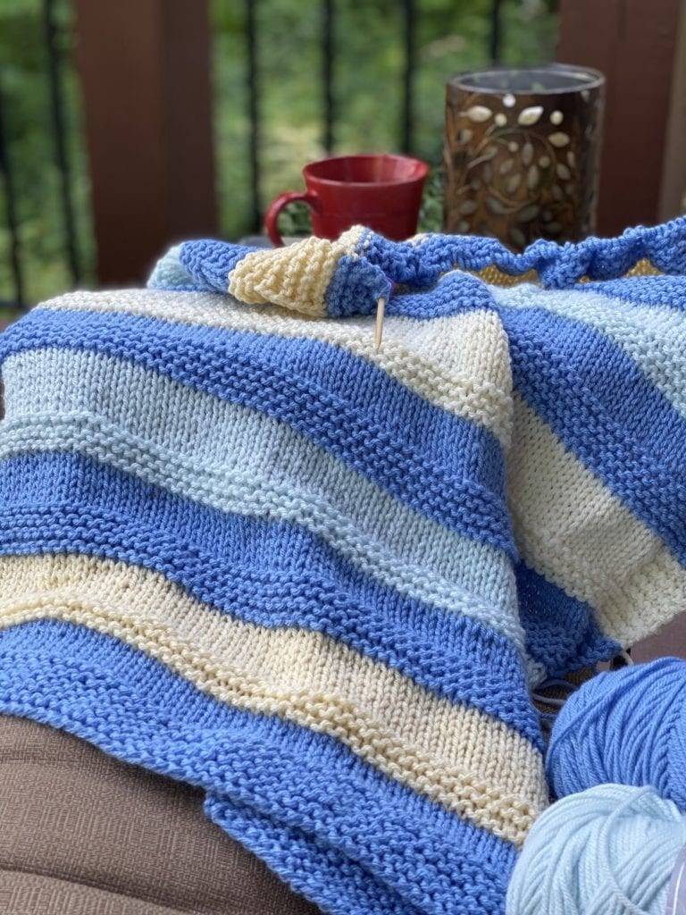 blue aqua and yellow striped knit blanket
