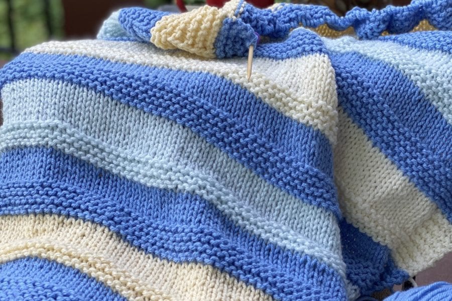 blue aqua and yellow striped knit blanket