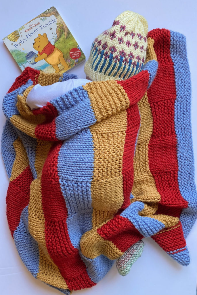 red gold and blue baby blanket