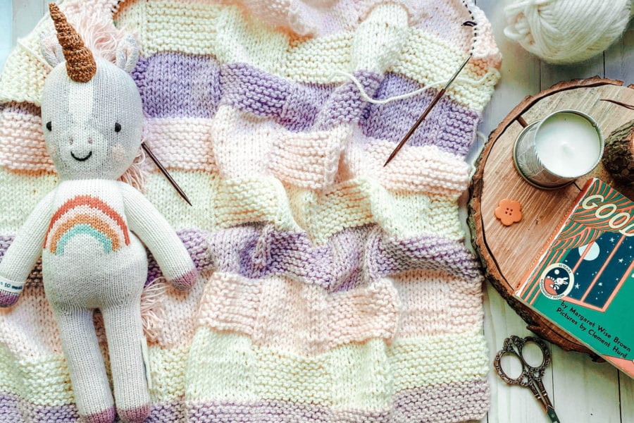 pastel basketweave knit baby blanket with unicorn