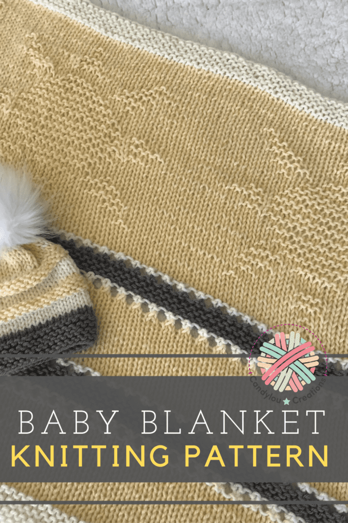 baby blanket knitting pattern for a yellow blanket with suns knit and purled and a pompom hat that is yellow and grey with a white pompom